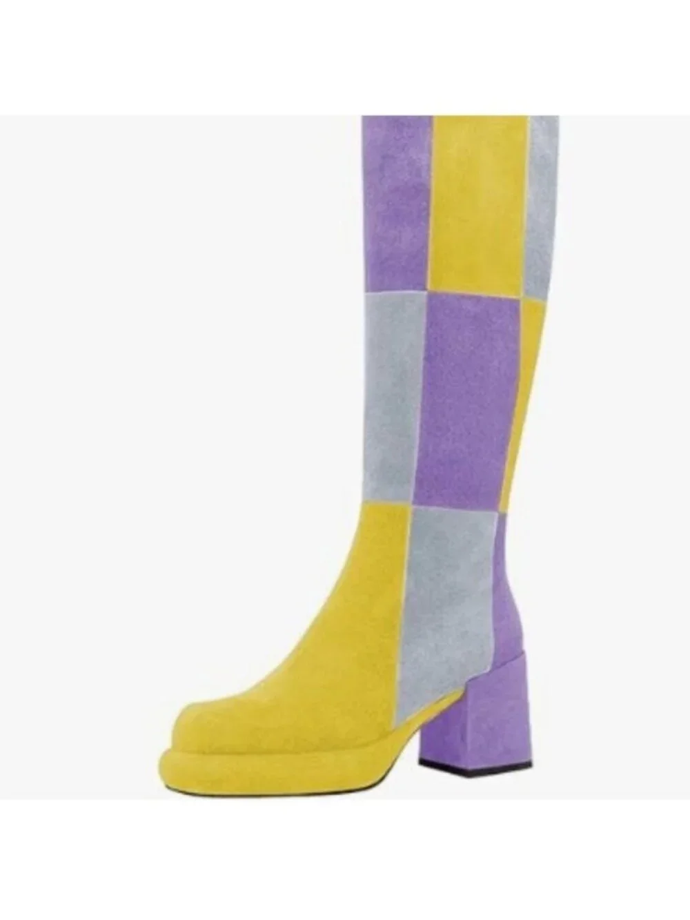Platform Knee High Boots for Women Boots Round Toe Chunky High Heels Yellow Grey